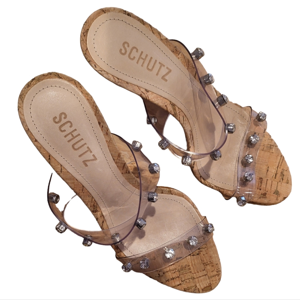 Schutz Ariella Cork Vinyl Stiletto Heel Sandals 9 - Picture 7 of 9